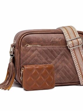 Quilted Brown Crossbody Bag with Patterned Strap and Tassel